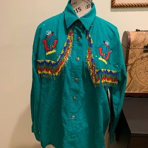 KZK embroidered fringe button-up shirt in turquoises size Large